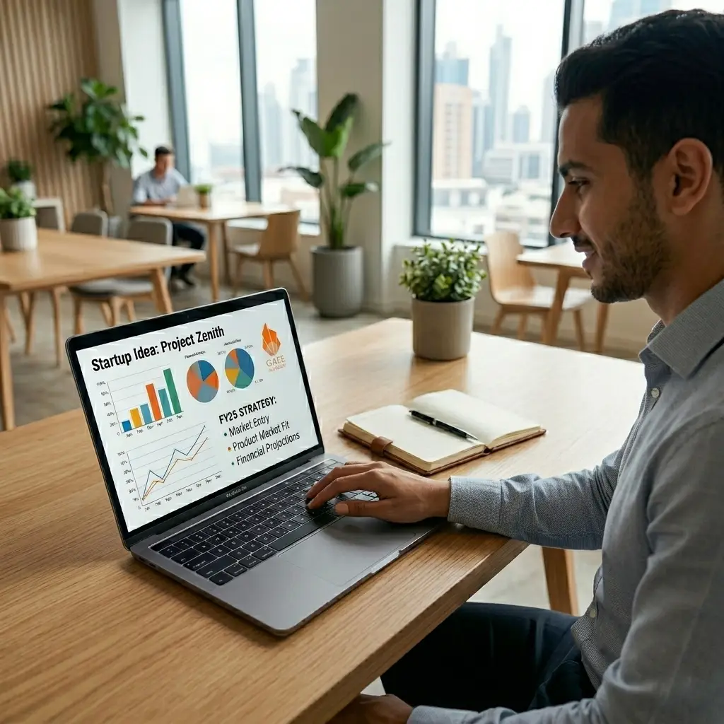  Arab businessman planning startup on laptop in Doctorate Entrepreneurship program 